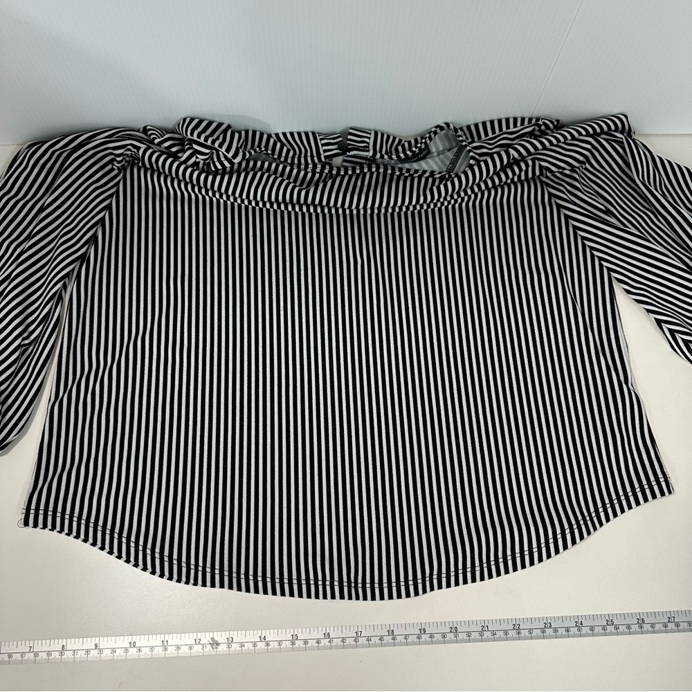 ADRIANNA PAPELL Black White Stripes Long Balloon Sleeves Blouse Sz Med K… - Picture 7 of 12